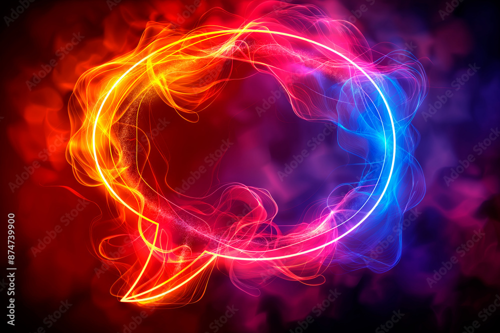 Poster colorful abstract light trails swirling on a dark red and blue background, hinting at energy flow or