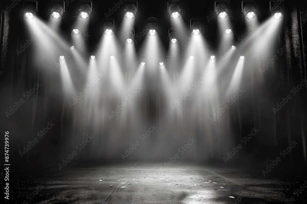 Poster Stage lights beaming down on an empty asphalt floor with a dark background, emphasizing the concept of performance. Generative AI