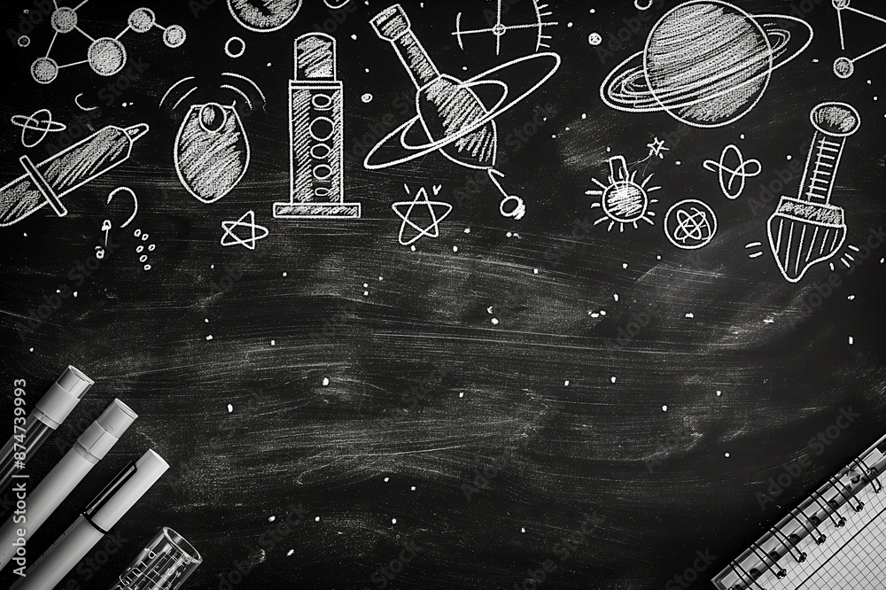 Poster a chalkboard with hand-drawn science symbols and a notebook, creative educational concept on a dark 