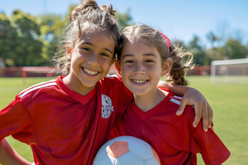 Two young woman soccer player smiling and hugging on a sunny field, symbolizing friendship and teamwork