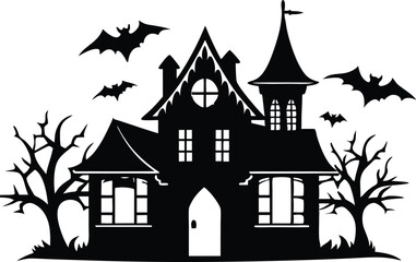 A Silhouette Vector Of Halloween Haunted House, Haunted House silhouette vector collection, Ghost House silhouette, halloween at night and bats house
