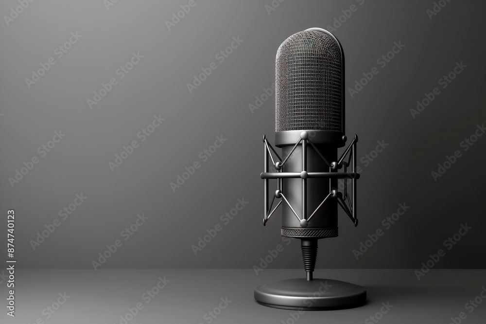 Poster a studio microphone on a gray background, reflecting a concept of audio recording. generative ai