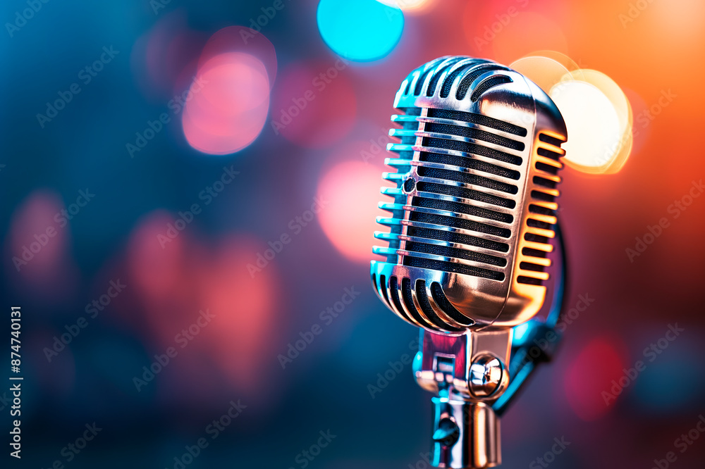 Poster close-up of a vintage microphone against a bokeh light background, highlighting concepts of music an