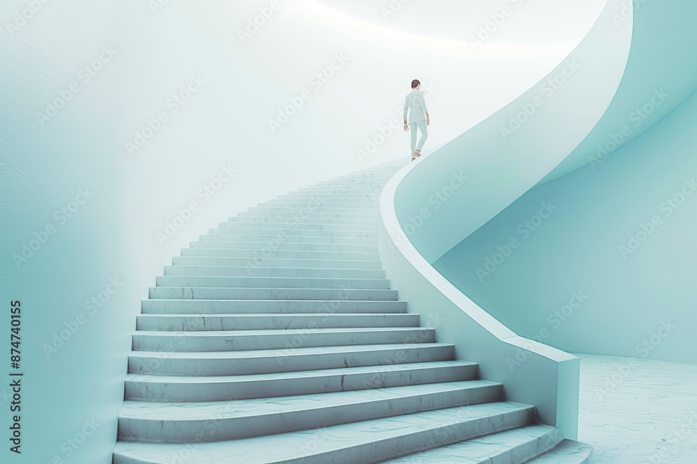 Aufkleber a person ascending a spiral staircase in a minimalist setting, with a plain light background, convey