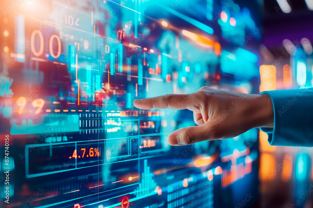 Poster A person interacts with futuristic holographic financial data on a digital interface, concept of technology in finance. Generative AI