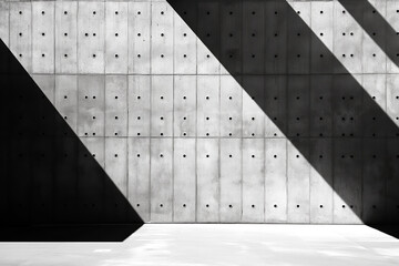 Black and white photo of concrete walls with shadow patterns, minimalist aesthetic on a solid...