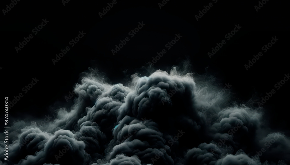 Poster Voluminous dark clouds with subtle illumination on a black background, expressing a moody and ethereal concept. Generative AI
