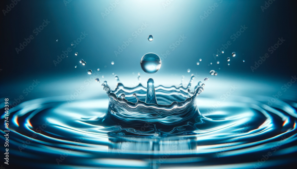 Poster a detailed image of a water droplet impact causing ripples and splash, with a dark blue background, 