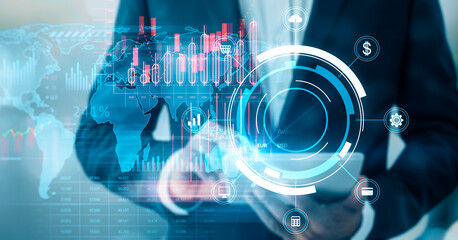 Businessperson with futuristic digital finance interface, creative on a blur background, concept of technology. Generative AI