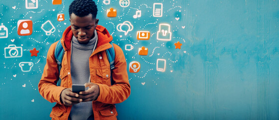 Young man looking at his phone with social media icon graphics on a blue background, concept of digital connectivity. Generative AI