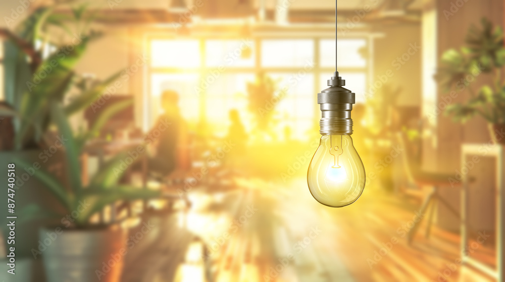 Poster an illuminated light bulb hanging in a sunny office space with blurred people in the background, sym