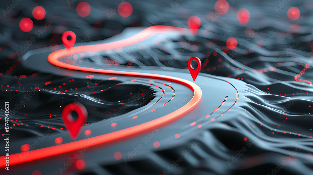 Poster An abstract depiction of a digital landscape with red location markers, set on a dark, undulating backdrop, portraying the concept of navigation and connectivity. Generative AI