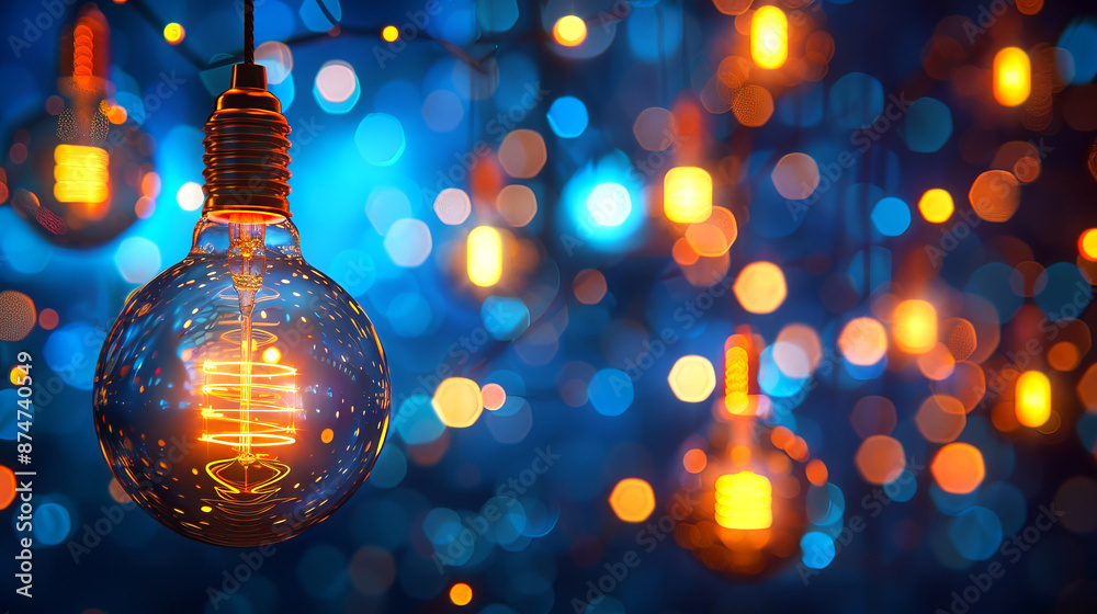 Poster illuminated light bulb against a bokeh light background, showcasing a concept of ideas and creativit