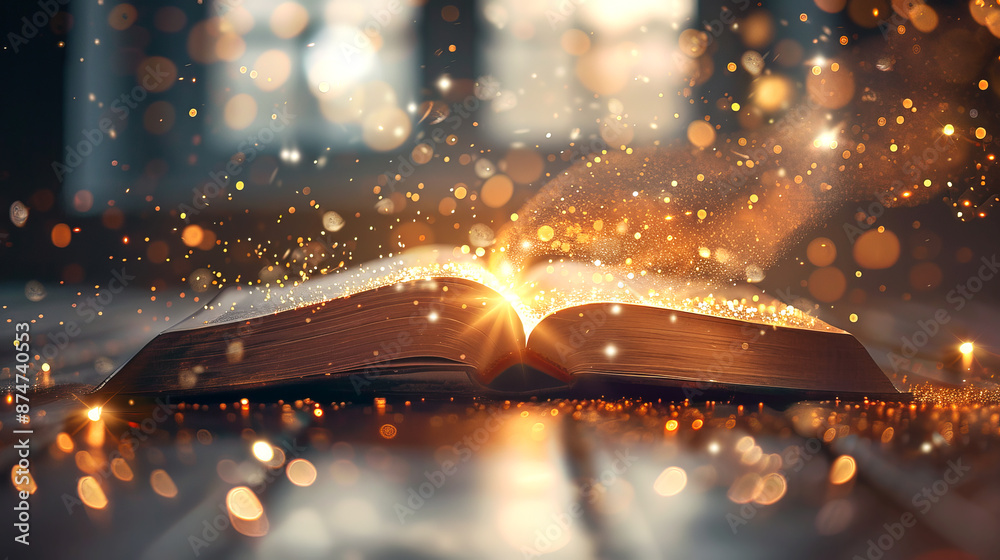 Poster An open book with glowing particles rising from its pages, on a bokeh light background, concept of magical knowledge. Generative AI