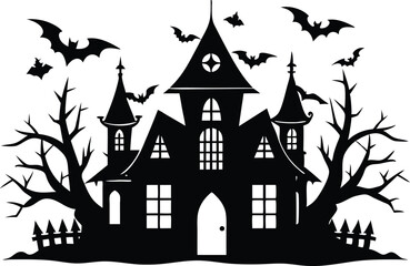 A Silhouette Vector Of Halloween Haunted House, Haunted House silhouette vector collection, Ghost House silhouette, halloween at night and bats house
