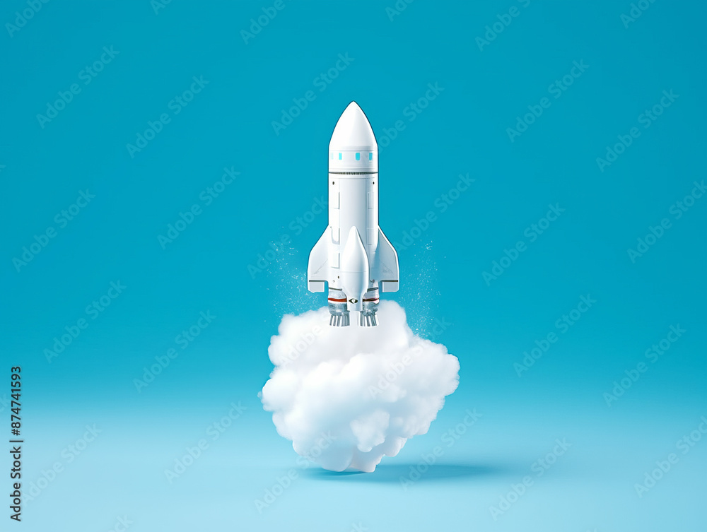 Poster A spaceship taking off from a cloud, with a minimalistic style on a plain blue background, embodying the concept of innovation. Generative AI