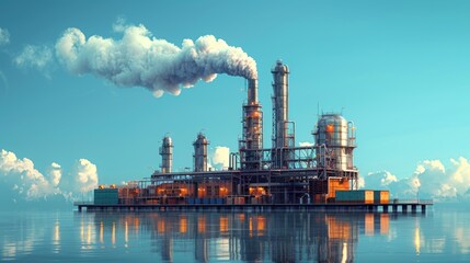 Obraz premium Industrial oil refinery with smokestacks emitting smoke, reflecting on calm water under clear blue sky background.
