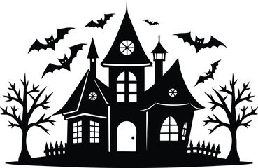 A Silhouette Vector Of Halloween Haunted House, Haunted House silhouette vector collection, Ghost House silhouette, halloween at night and bats house
