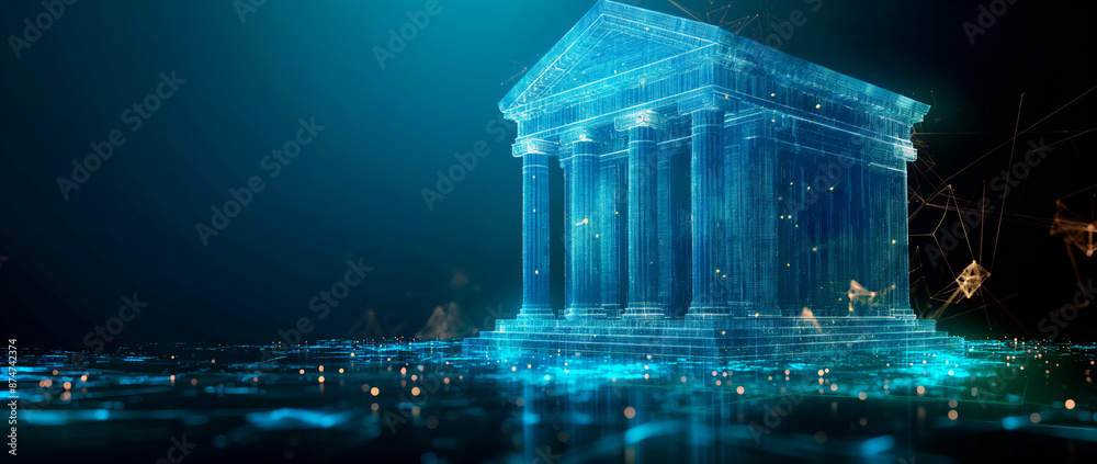 Poster A glowing blue digital representation of a classical building on a futuristic circuit board background, symbolizing innovation. Generative AI