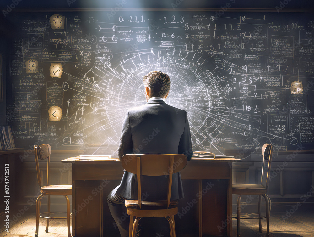Fototapete A man seated facing a chalkboard filled with complex mathematical equations, bathed in dramatic light, embodying the concept of deep thought or problem solving. Generative AI