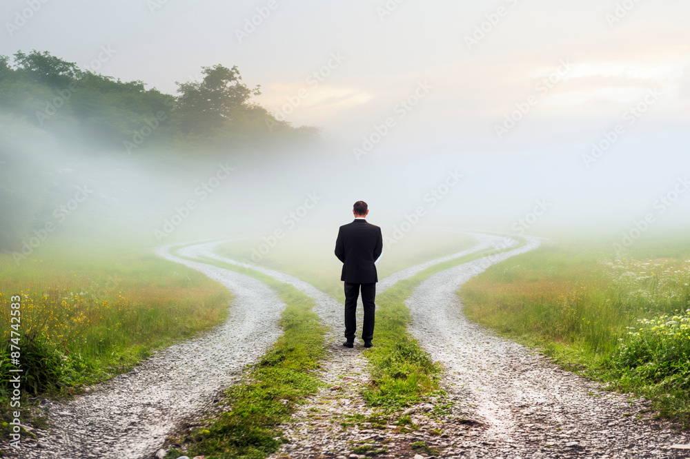 Aufkleber Man in a suit standing at a fork in a path on a foggy background, concept of choice or decision. Generative AI
