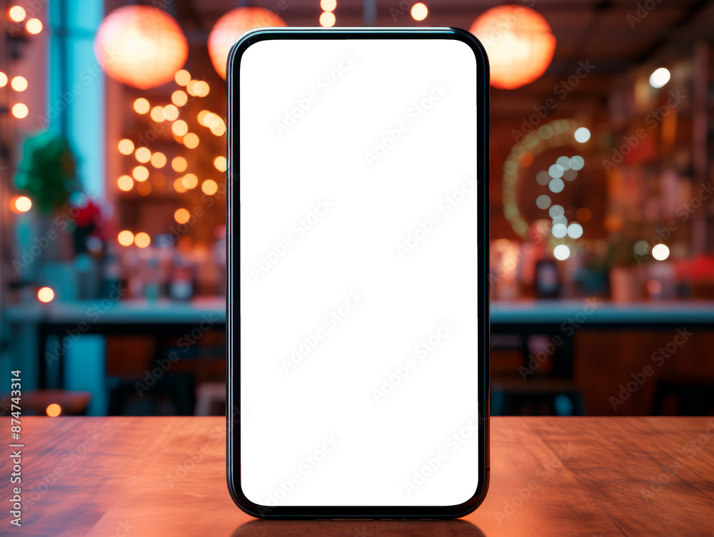 Poster Smartphone mockup on wooden table with bokeh lights in background, concept of branding display. Generative AI