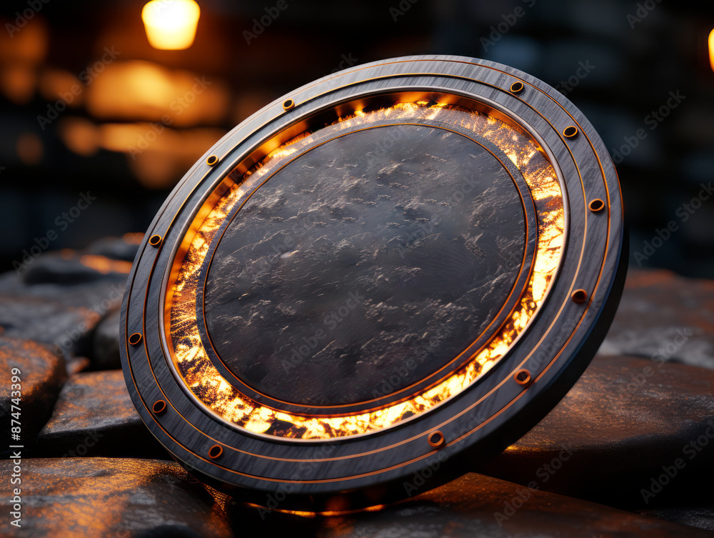 Poster A circular metallic object with glowing lights on a rocky surface, dark bokeh background, concept of mystery. Generative AI