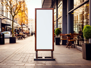 Blank advertising board on a city street, natural light, with a cafe background, concept of urban marketing. Generative AI