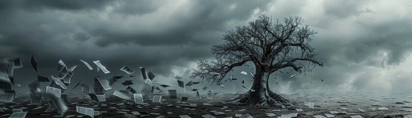 Realistic withered tree with torn financial documents around, gloomy sky background