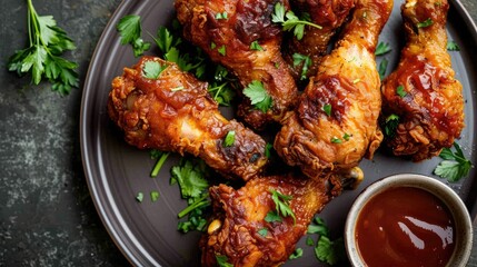 Fototapeta premium Crispy fried chicken drumsticks on a plate, served with a side of tangy barbecue sauce and fresh herbs.