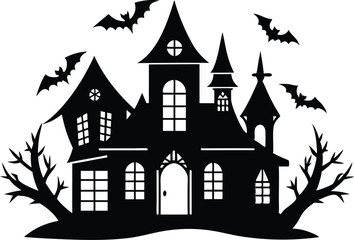 A Silhouette Vector Of Halloween Haunted House, Haunted House silhouette vector collection, Ghost House silhouette, halloween at night and bats house
