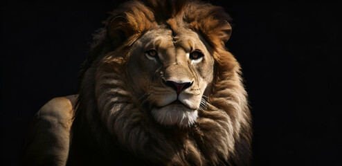 Fototapeta premium Lion king isolated on black , Portrait Wildlife animal generative by ai...