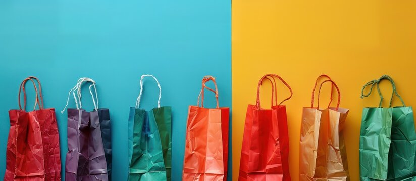 Colorful Shopping Bags on Blue and Yellow Background, Retail, Consumerism, and Sales Concept