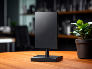 A tabletop sign mockup with a blank black surface stands beside a green plant, with a blurry background, for branding concepts. Generative AI