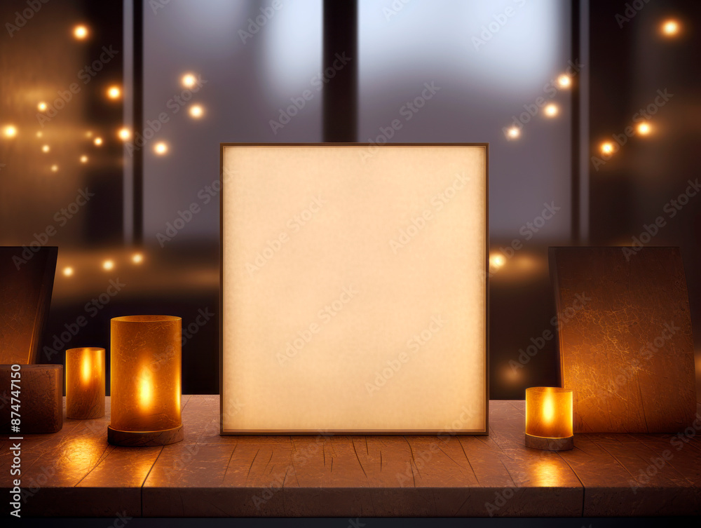 Poster a blank mockup canvas surrounded by lit candles on a wooden surface with a bokeh light background, c