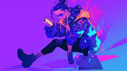 Stylish cyberpunk girl in neon light, engrossed in her phone. Concept of futuristic fashion, technology, and youth culture.