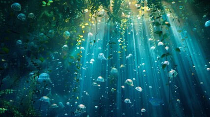 A curtain of feathers and leaves billow in a gentle underwater current revealing a hidden paradise beneath. Glowing jellyfish and lush vibrant foliage create a surreal underwater oasi