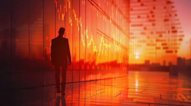 Realistic shadow walking away, falling stock graph in background
