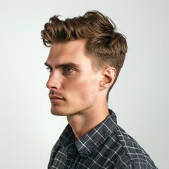 Fototapeta premium Man with classic taper haircut, looking stylish, wearing a casual shirt, Portrait half-body, hyper-realistic, high detail, photorealistic, white background, studio lighting, Key Light, Fill Light,