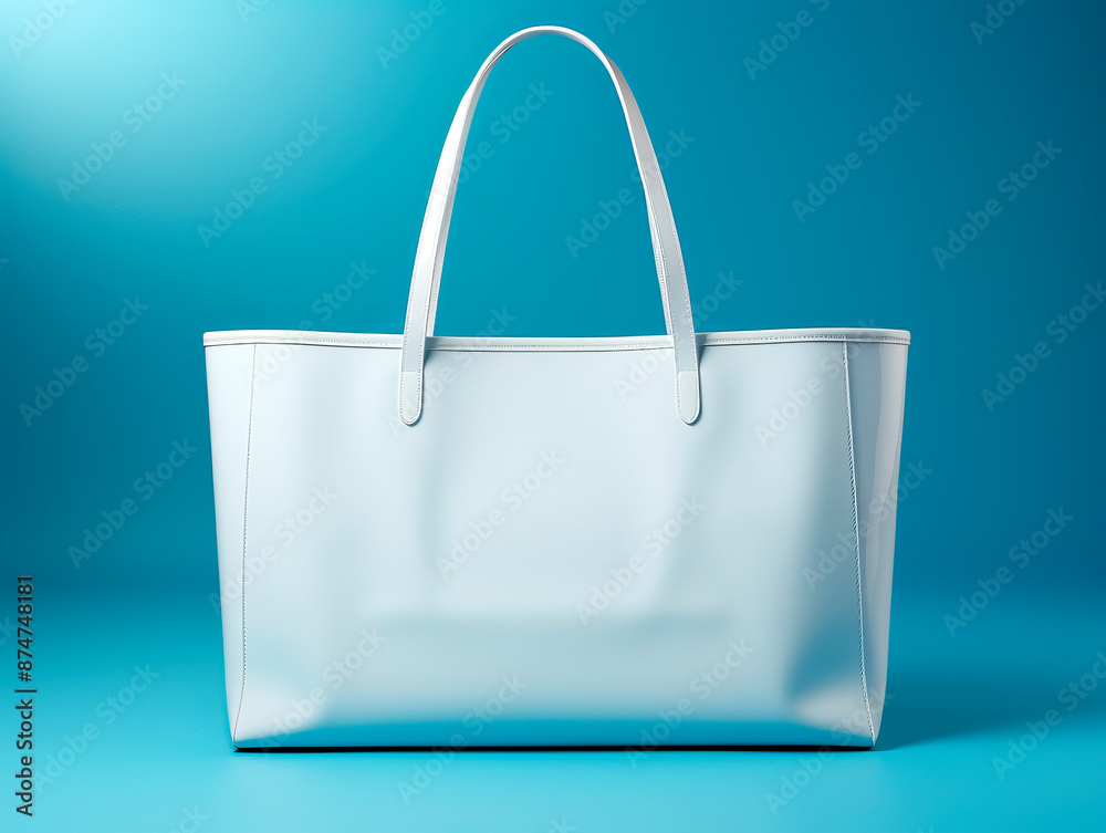 Aufkleber white tote bag mockup on a blue background, showcasing a concept for branding or logo identity with 