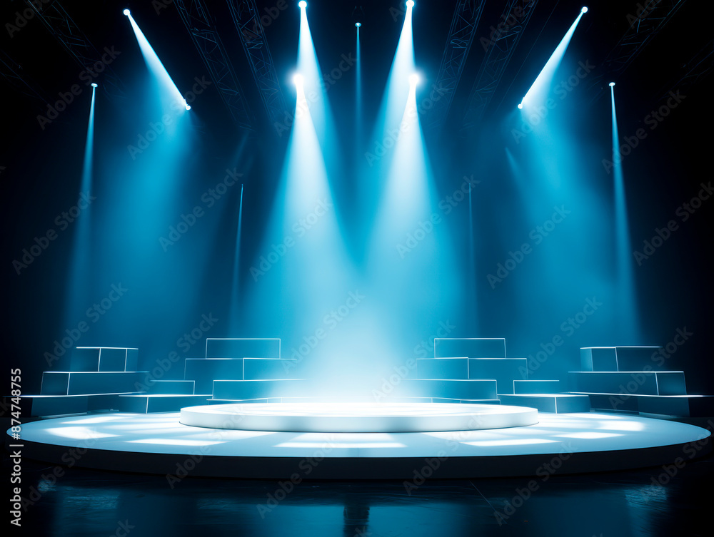 Poster an illuminated stage with spotlights, stairs, and a circular platform, set against a dark background