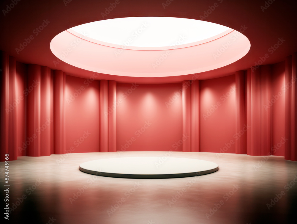 Poster An empty circular stage with curtains under a large circular light, in monochrome red, depicting a presentation concept. Generative AI
