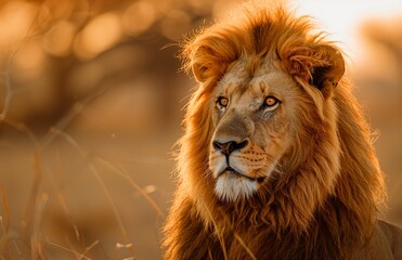 majestic lion, with its golden mane and piercing eyes, stands in the savannah