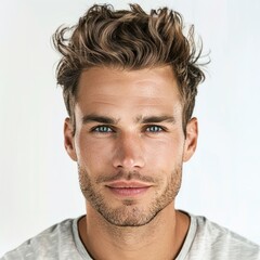 Fototapeta premium Man with brushed forward hairstyle, looking youthful, wearing a casual outfit, Portrait half-body, hyper-realistic, high detail, photorealistic, white background, studio lighting, Key Light, Fill