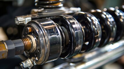 An image of a torsion bar suspension system focused on the thick and sy torsion bars that provide support and stability.