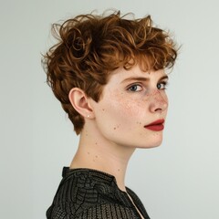 Woman with a short, curly pixie cut, looking chic, wearing a stylish top, Portrait half-body, hyper-realistic, high detail, photorealistic, white background, studio lighting, Key Light, Fill Light,