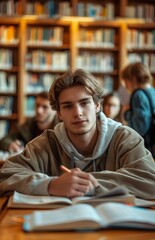 A young man studies books and takes notes at a library table, surrounded by other studying students