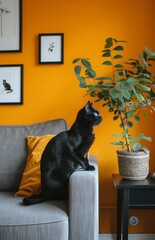 A black cat lounges on a grey sofa near a side table with decor