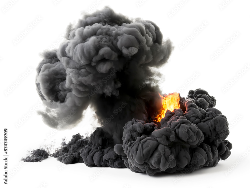 Poster a simulated explosion with smoke and fire on a white background, depicting a dynamic and powerful co