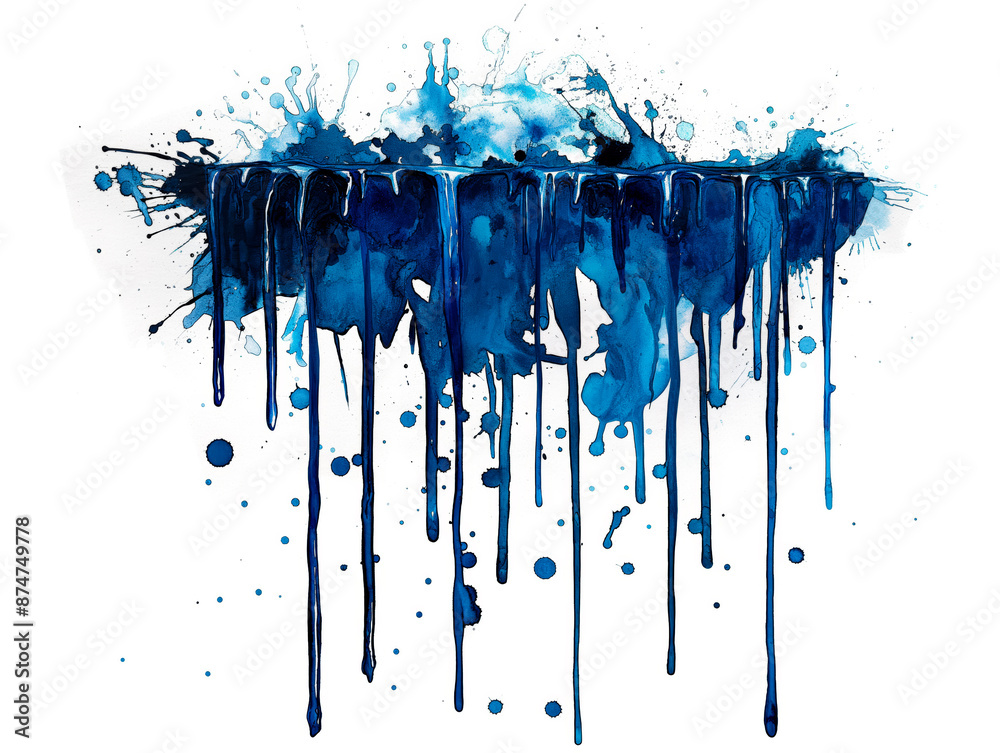 Poster an artistic representation of blue paint splashes and drips on a white background, expressing a crea